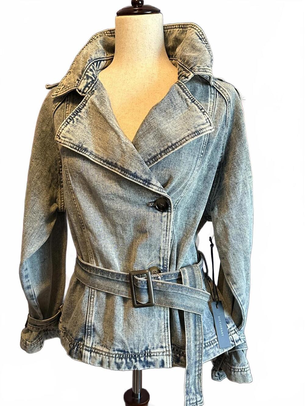 DICTIONARY Vintage Y2K Acid Wash Belted Denim Jacket Coat - Picture 2 of 5